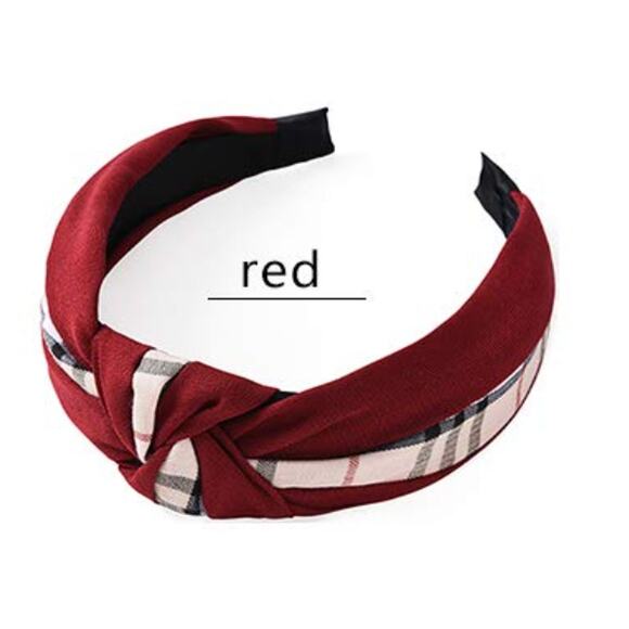 LUXE Red Top Knot Silk Headband with Nova Check Plaid detail (LHXX006) - Picture 1 of 1